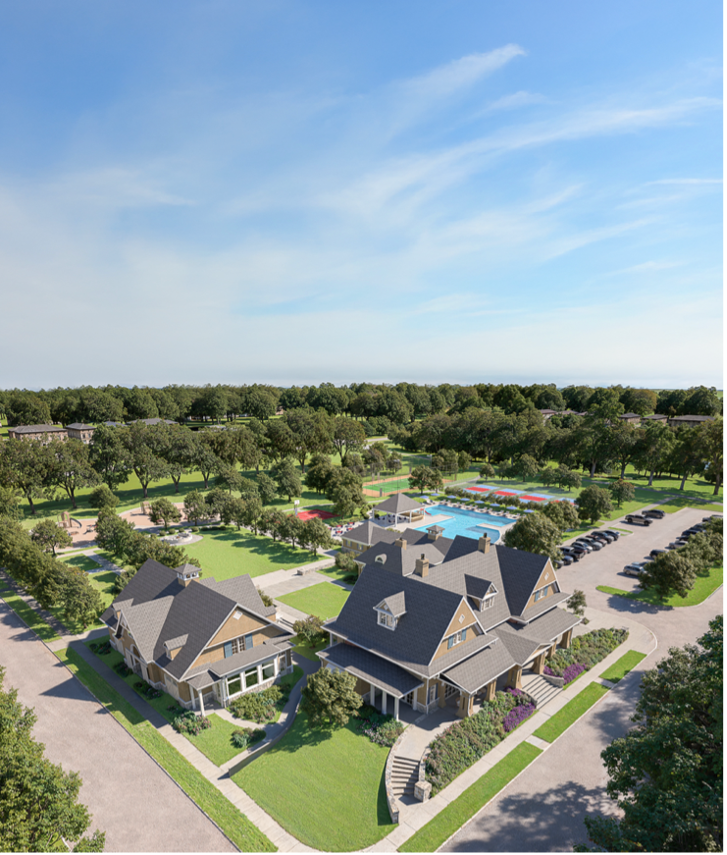 Aerial view of Fairington with clubhouse, pool, and green space