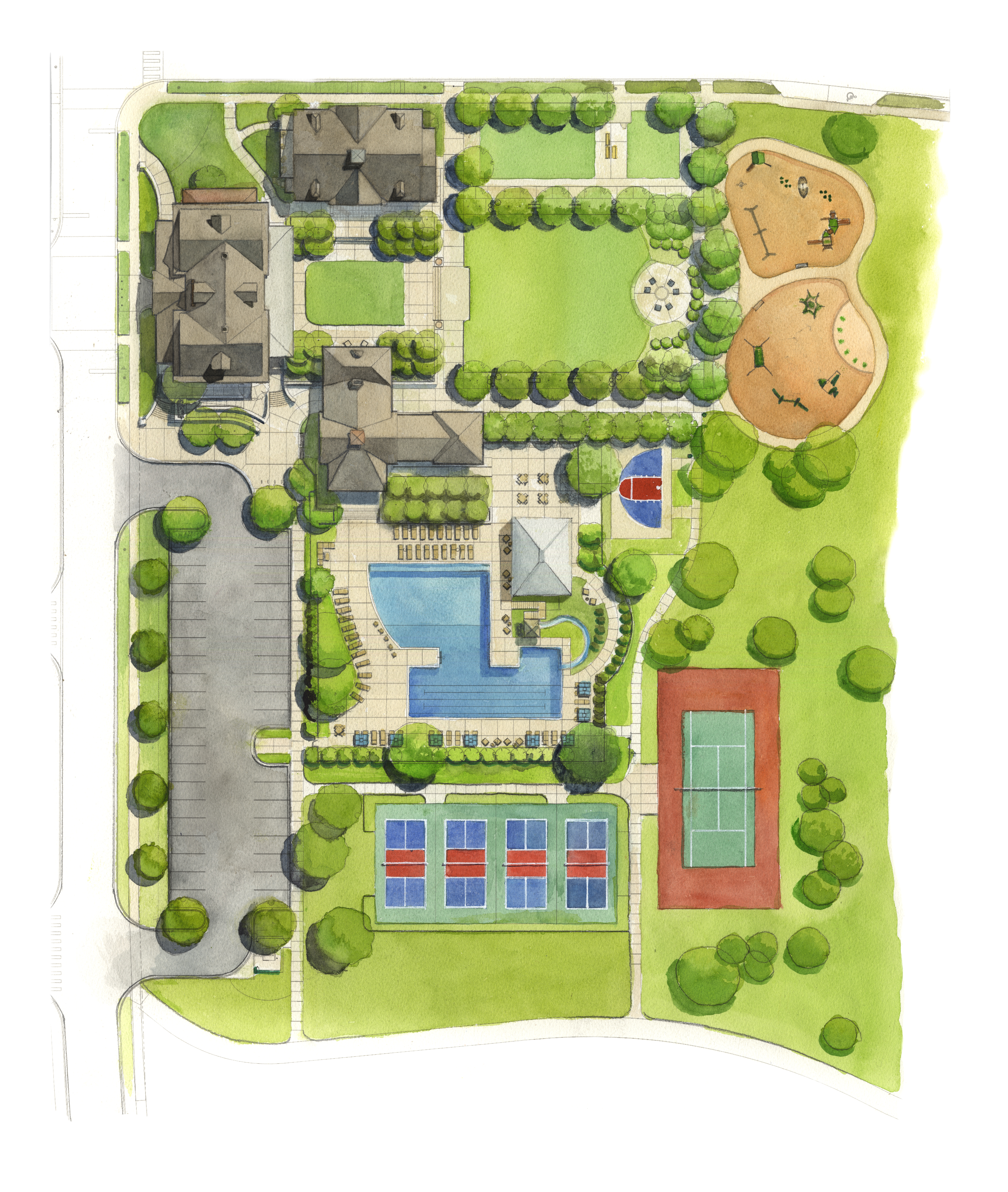Fairington site plan with pool, clubhouse, courts, and green space