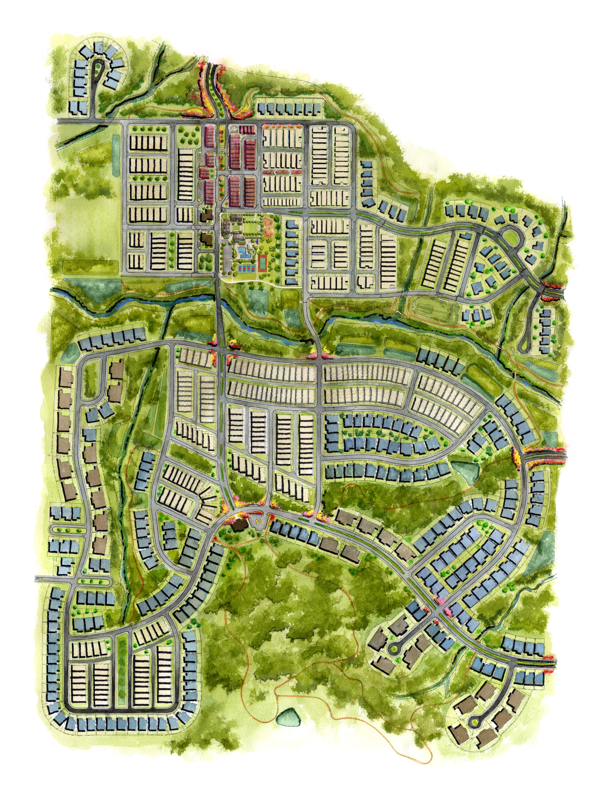 Fairington master plan with homes, village center, and green space