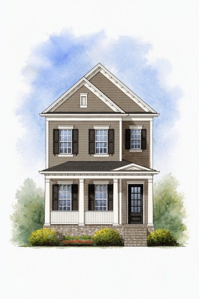 Rendering of a two-story home at Fairington featuring a covered front porch, white columns, and dark shutters.