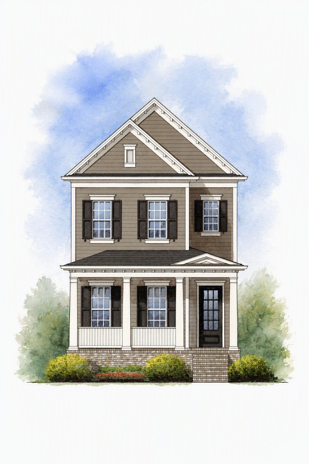 Rendering of a two-story home at Fairington featuring a covered front porch, white columns, and dark shutters.