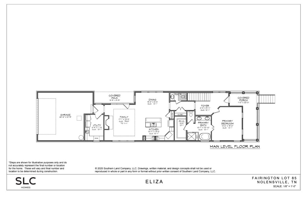 Floor plan layout showing the primary suite along with the family room, dining room, and kitchen.