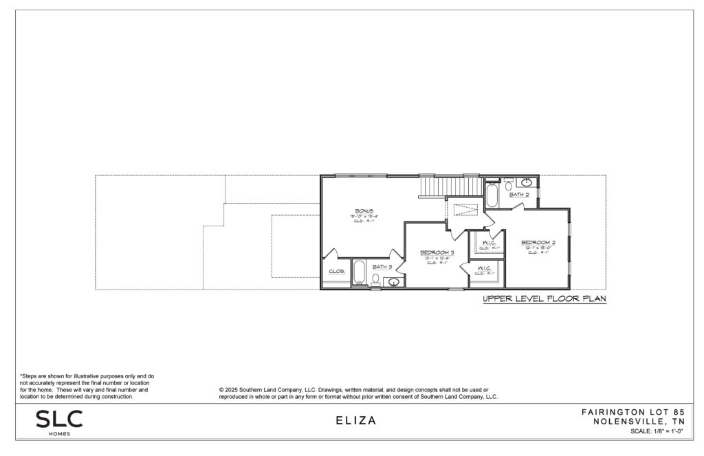 Floor plan layout with two bedrooms, tow bathrooms and a bonus room.